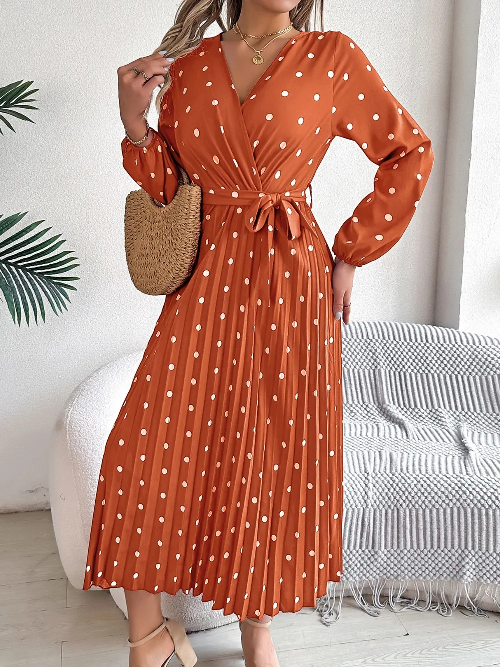 Tied Polka Dot Long Sleeve Midi Dress, image 7