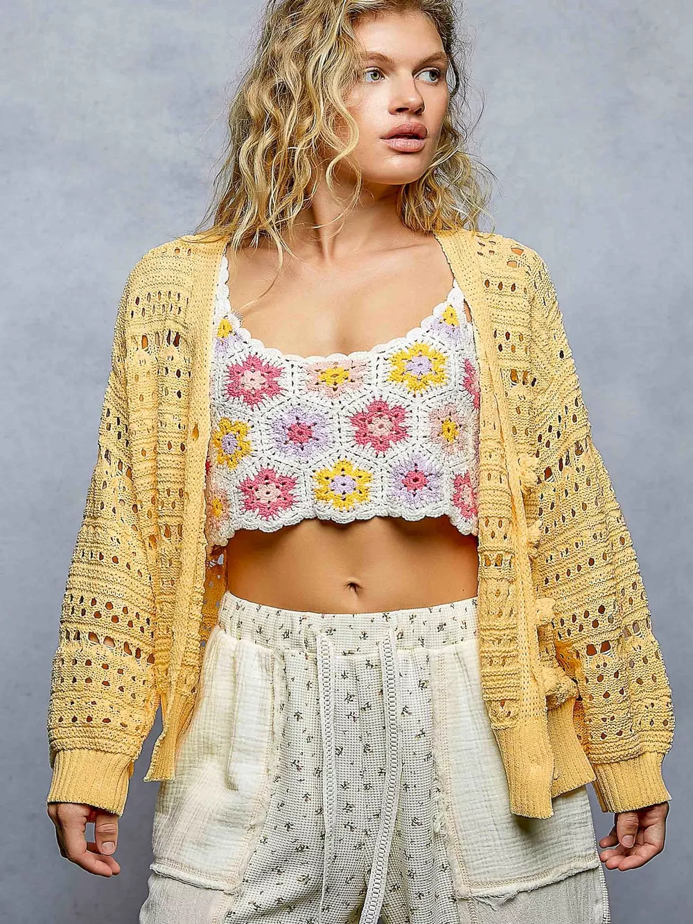 Open-Knit Floral Button Cardigan