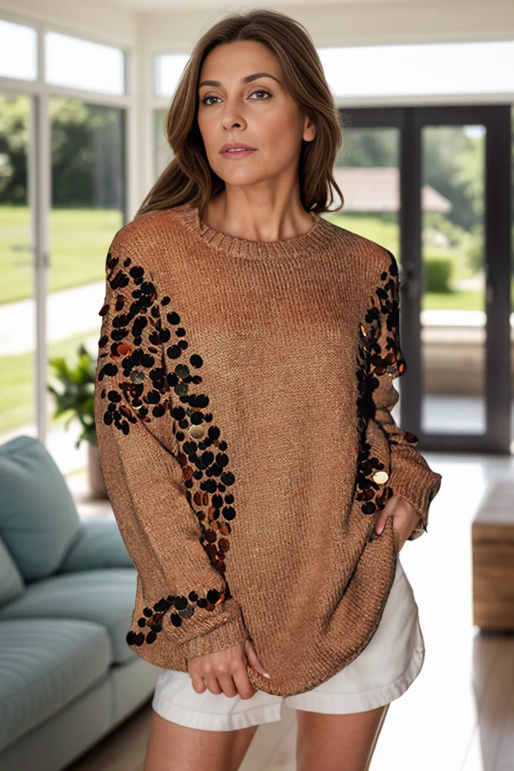 Sequin Round Neck Long Sleeve Sweater, image 4