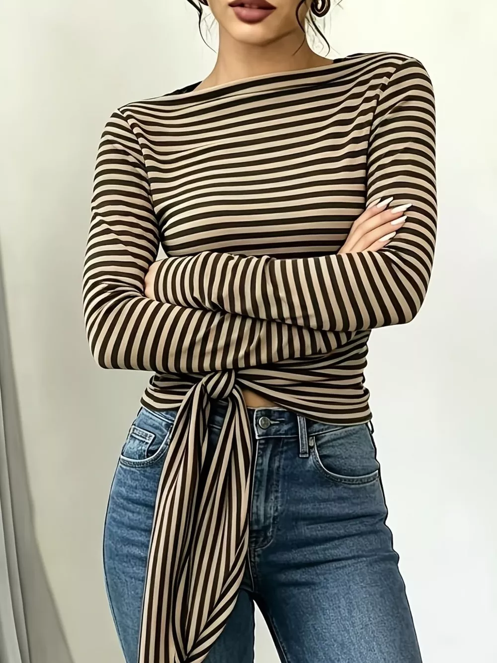 Long Sleeve Striped T-Shirt with Front Tie Detail, image 23