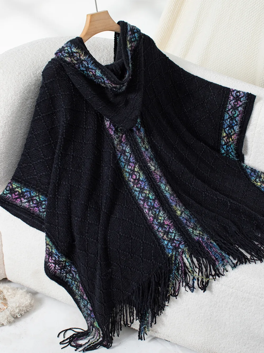 Fringe Half Sleeve Hooded Poncho, image 13