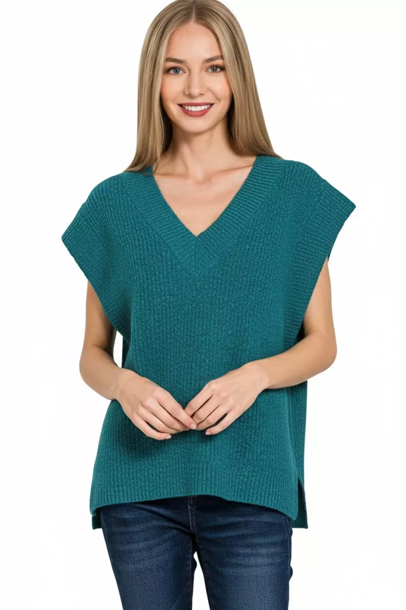 Ribbed Slit V-Neck Sweater Vest, image 2