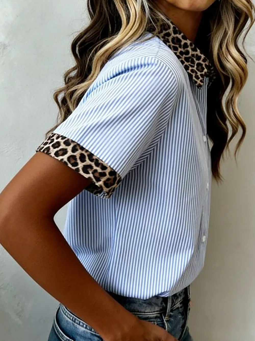 Stripe Leopard Contrast Collar Short Sleeve Shirt, image 4