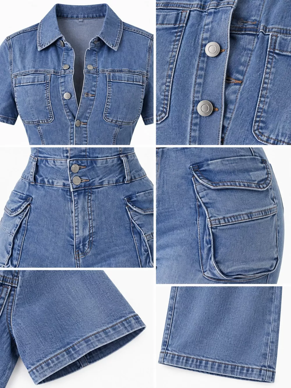 Slim-Fit Denim Jumpsuit with Utility Cargo Pockets and Flared Legs, image 12