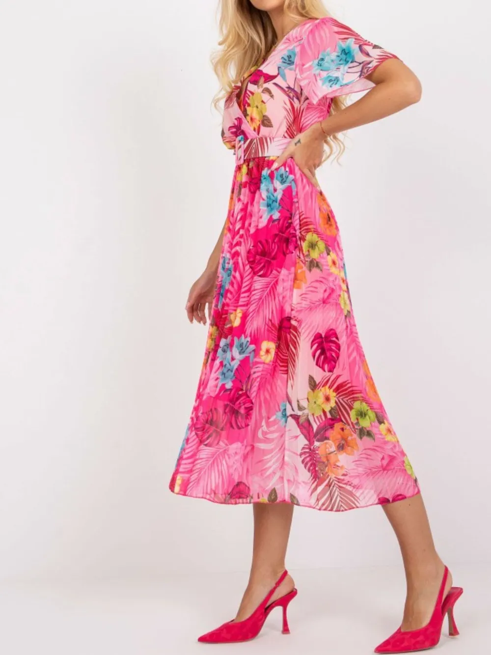 Printed Pleated Midi Wrap Dress with Belt, image 6