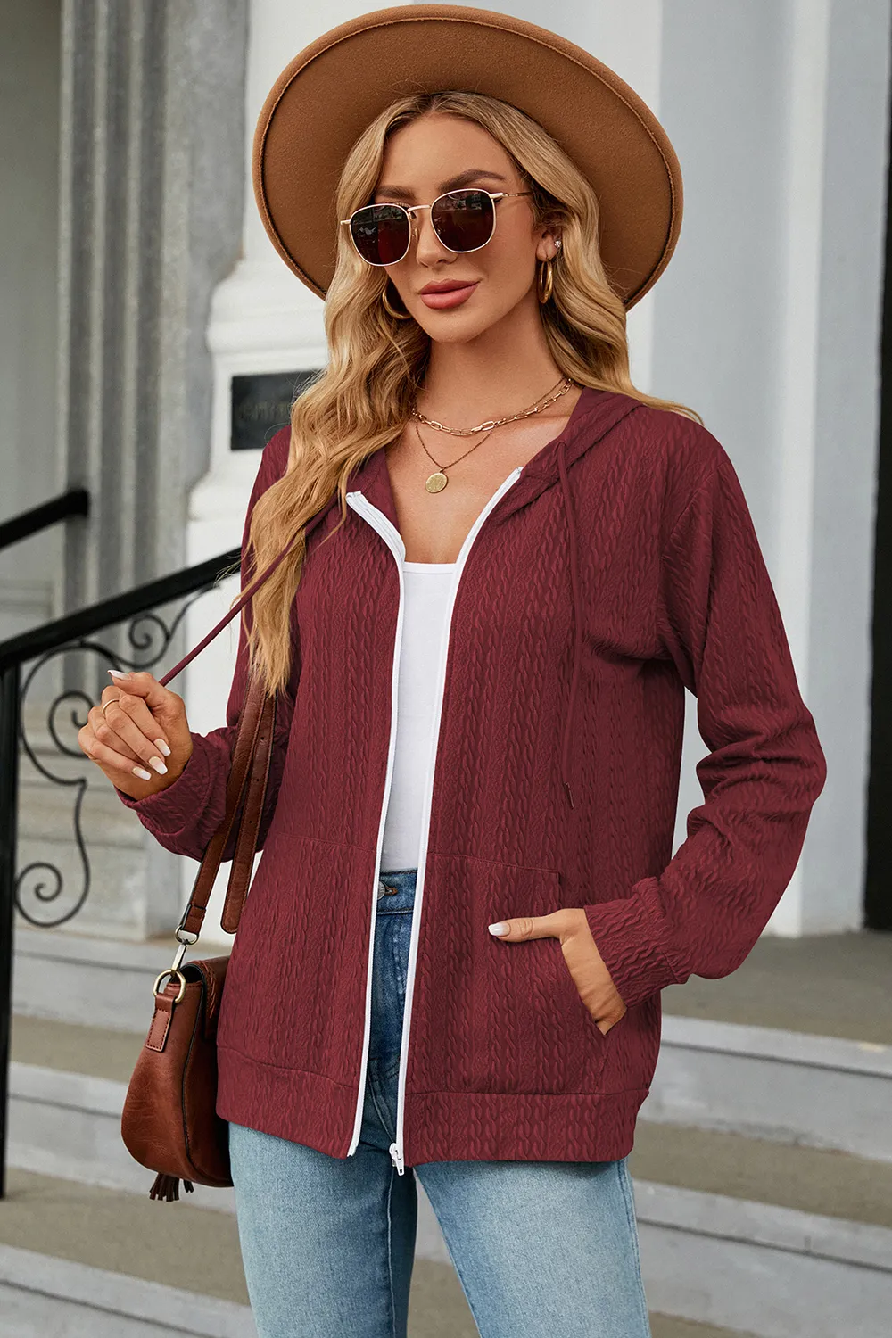 Drawstring Zip Up Long Sleeve Hoodie, image 11