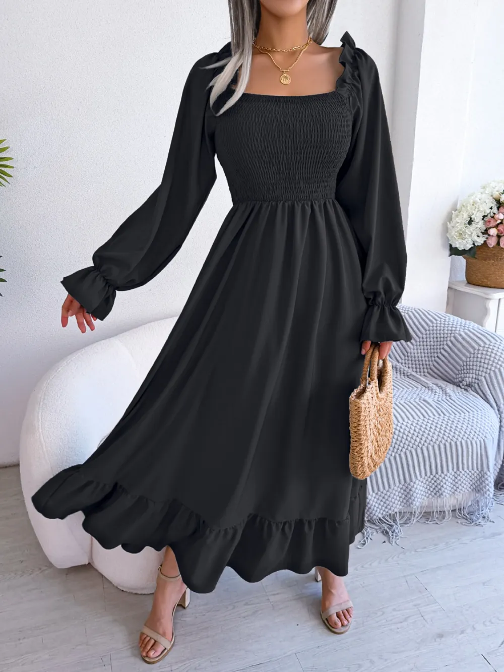 Smocked Square Neck Flounce Sleeve Dress, image 15