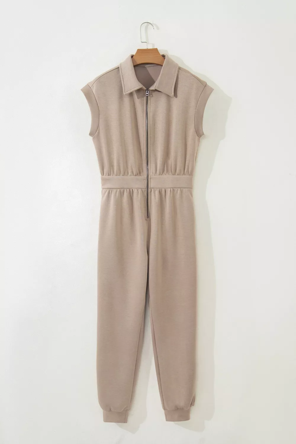 Solid Color Zip Front Short Sleeve Collared Jumpsuit, image 4