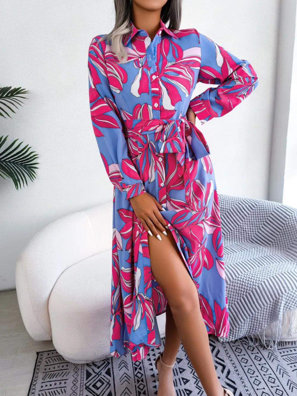 Tied Button Up Long Sleeve Dress, image 9