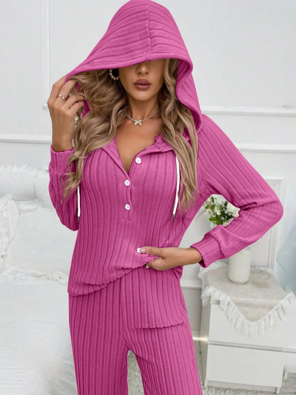 Drawstring Half Button Hooded Top and Ribbed Pants Set, image 10