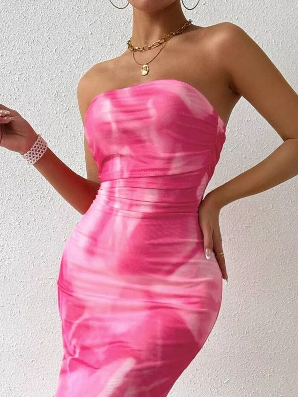 Tie-Dye Ruched Bodycon Tube Slit Dress, image 2