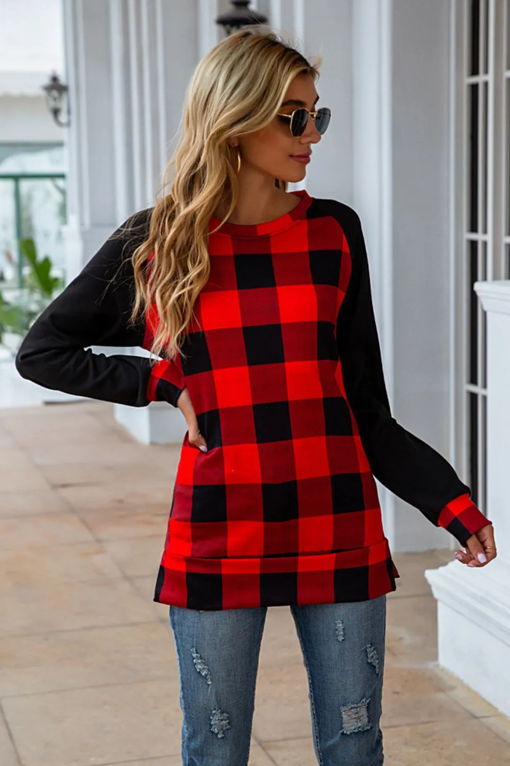 Plaid Round Neck Long Sleeve T-Shirt, image 5