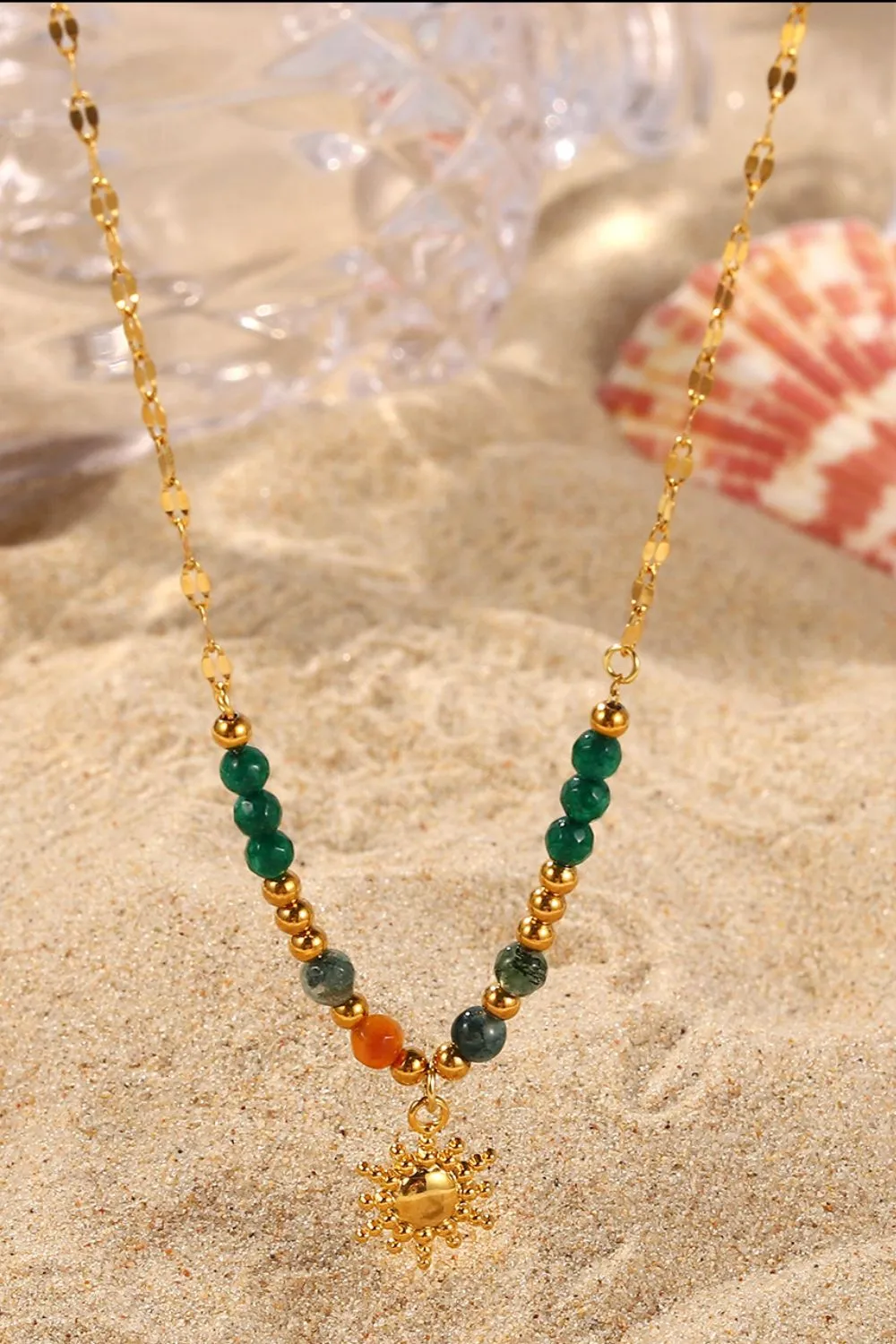 Bohemian Sun Charm Beaded Stainless Steel Necklace, image 2