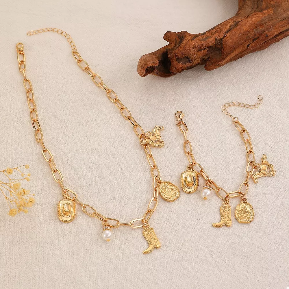 18K Gold-Plated Charm Necklace and Bracelet Jewelry Set, image 6