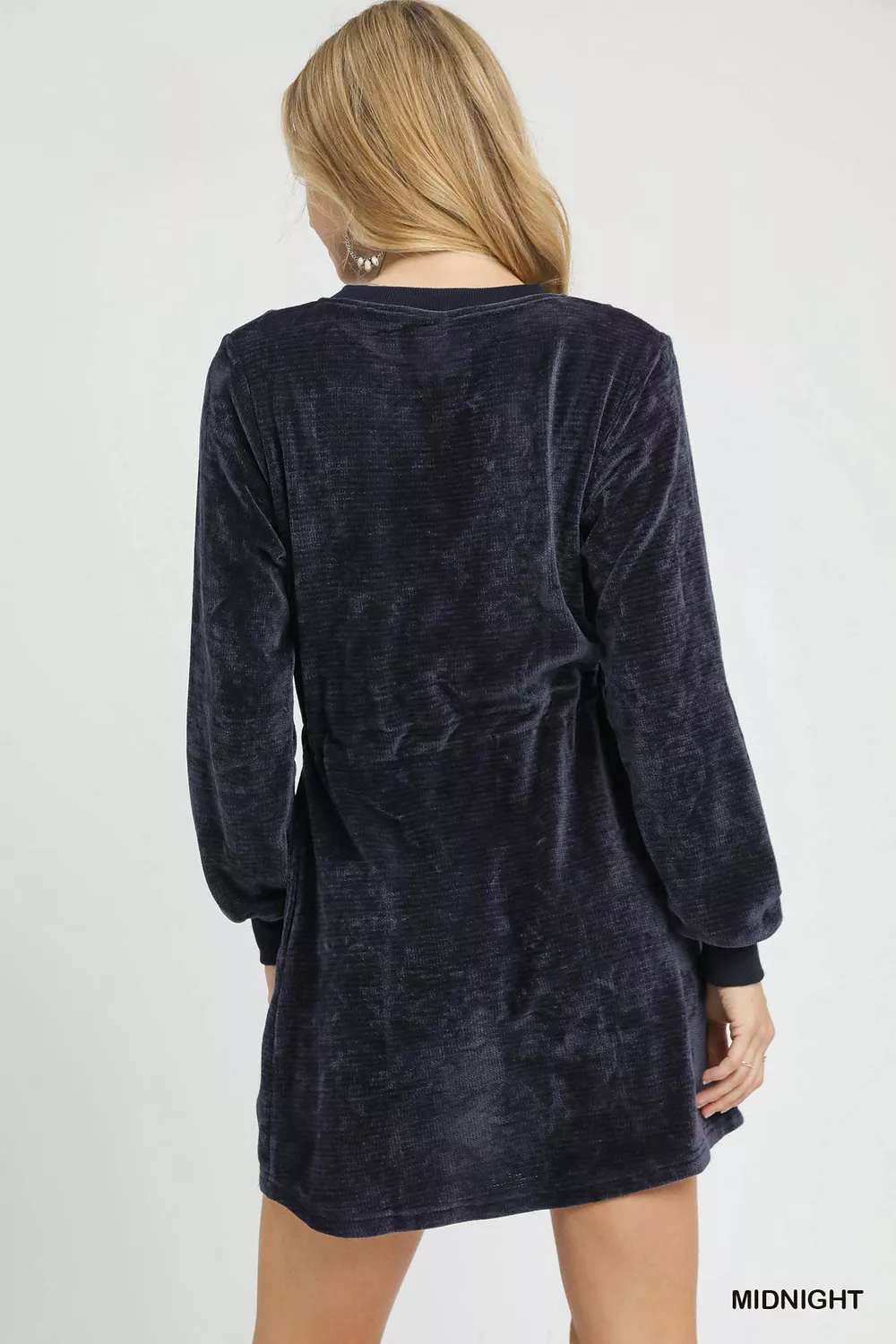 Velour Drawstring Mini Dress with Long Sleeves, image 3