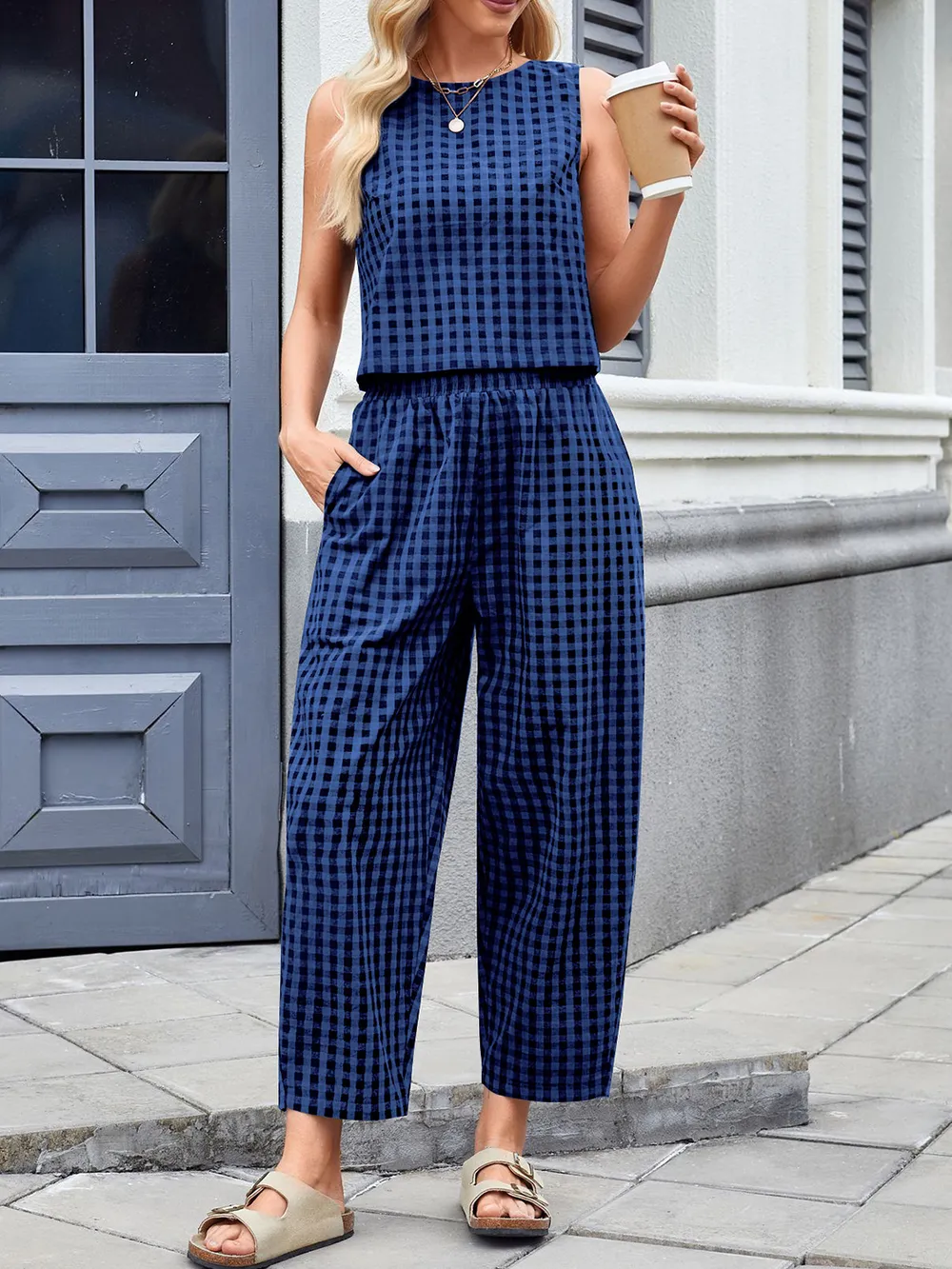 Plaid Round Neck Sleeveless Top and Pants Set, image 13