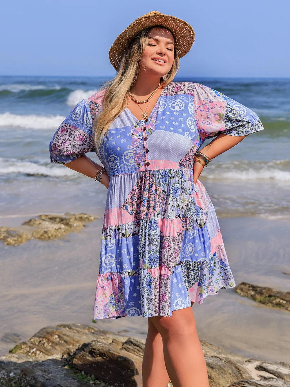 Plus Size Printed V-Neck Tiered Mini Dress, image 5