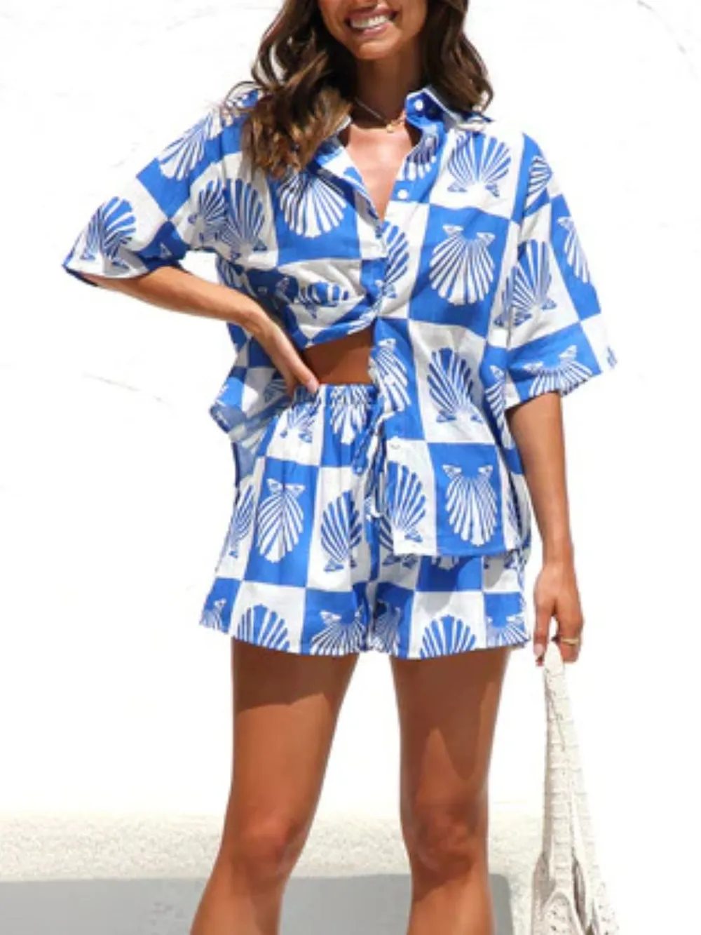 Printed Button Down Short Sleeve Top and Shorts Set, image 10