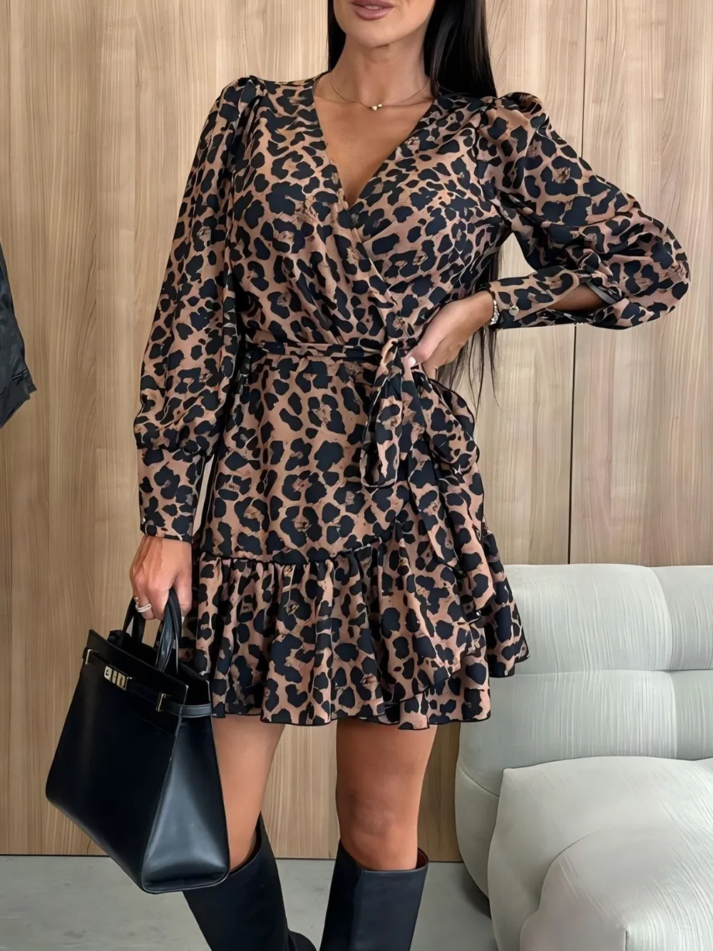 Tied Leopard Surplice Long Sleeve Dress, image 4