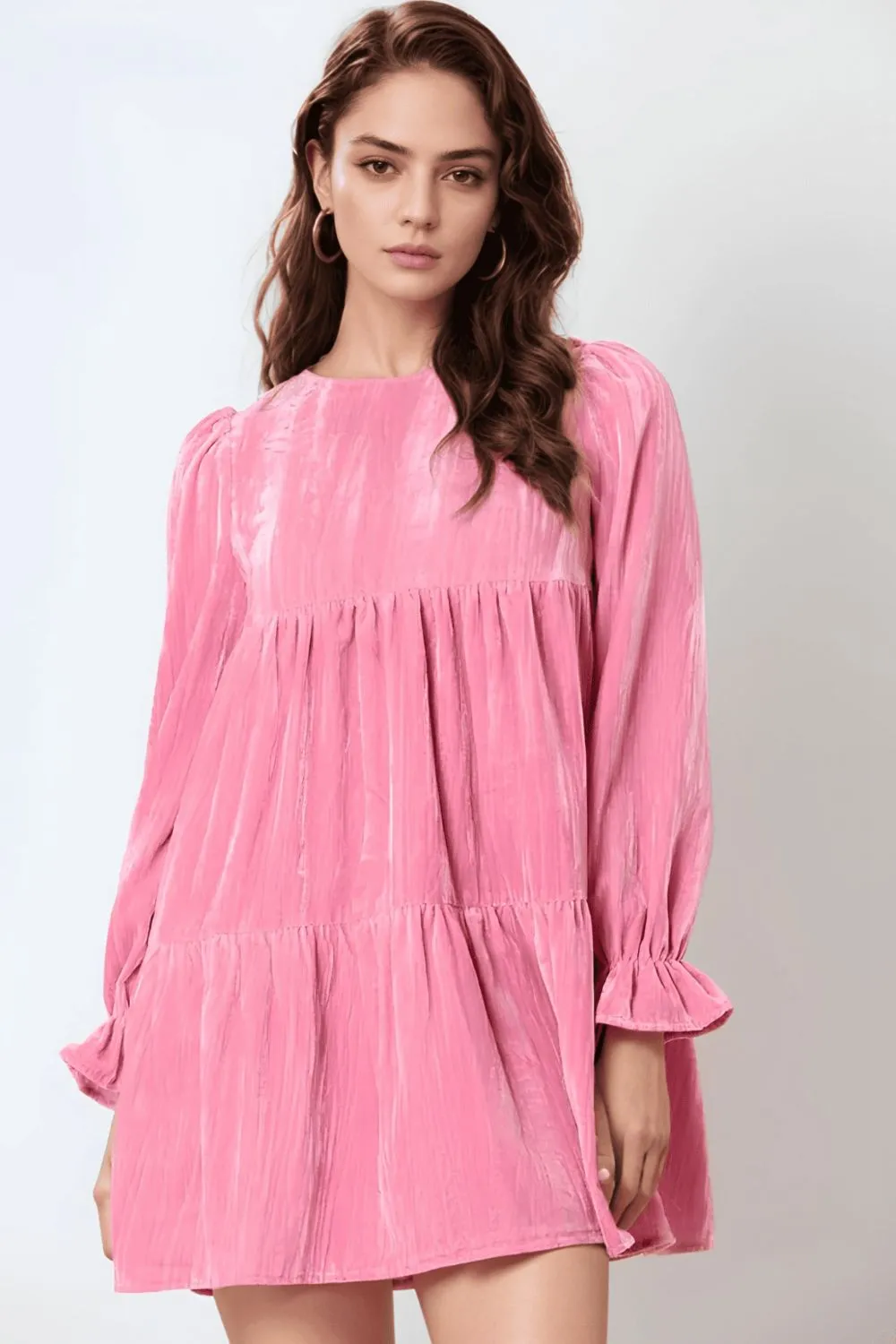 Tied Round Neck Flounce Sleeve Mini Dress, image 2