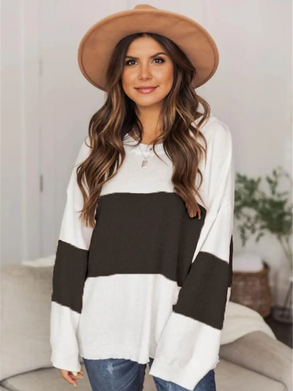 Color Block Round Neck Long Sleeve Sweater, image 6