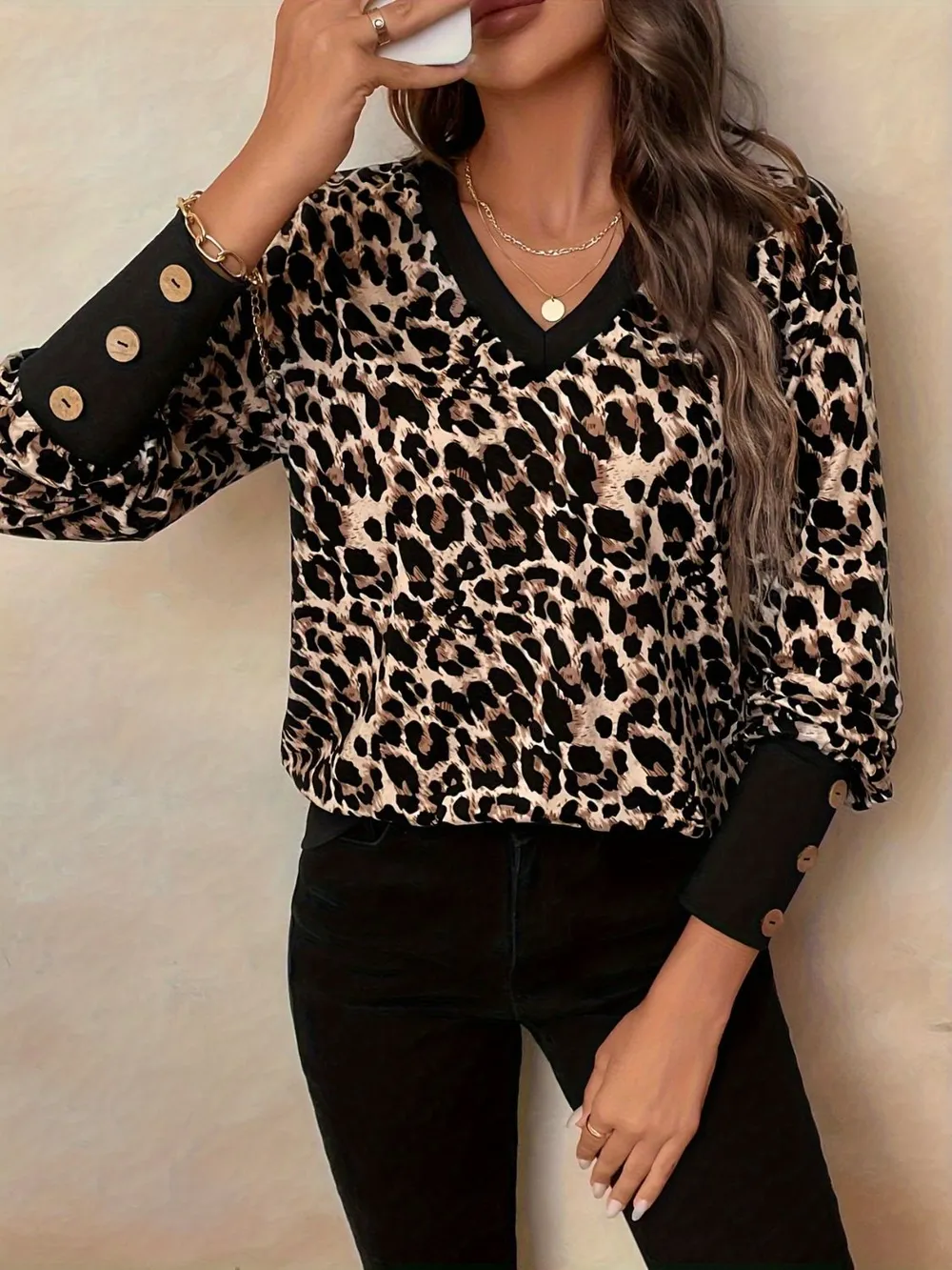 Decorative Button Leopard V-Neck Long Sleeve T-Shirt, image 5