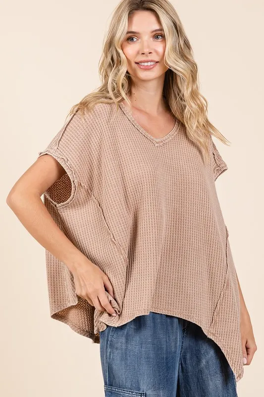 Mineral Wash Waffle Knit Pointed Hem Oversized Top, image 4