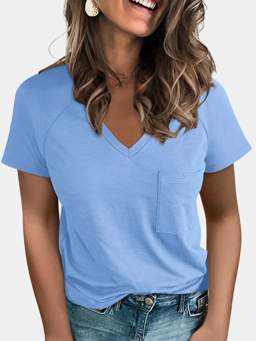 Pocketed V-Neck Short Sleeve T-Shirt, image 10