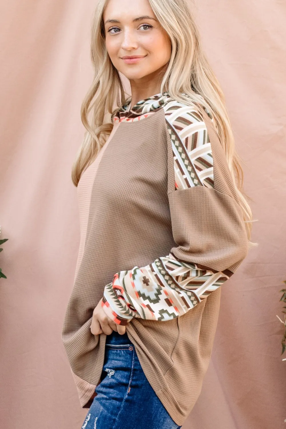 Printed Color Block Hooded Waffle Top, image 4