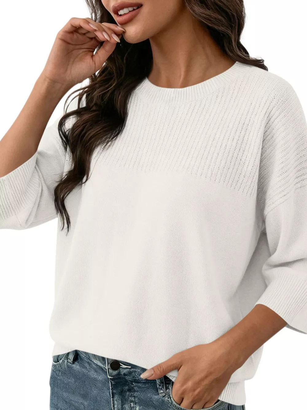 Elegant Crew Neck Eyelet Ribbed Sweater, image 13