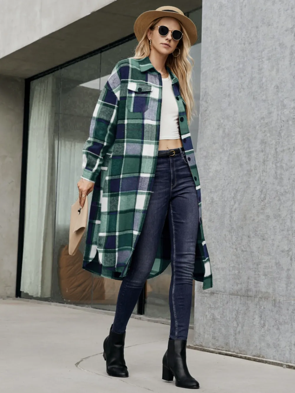 Plaid Pocketed Button Up Trench Coat, image 9