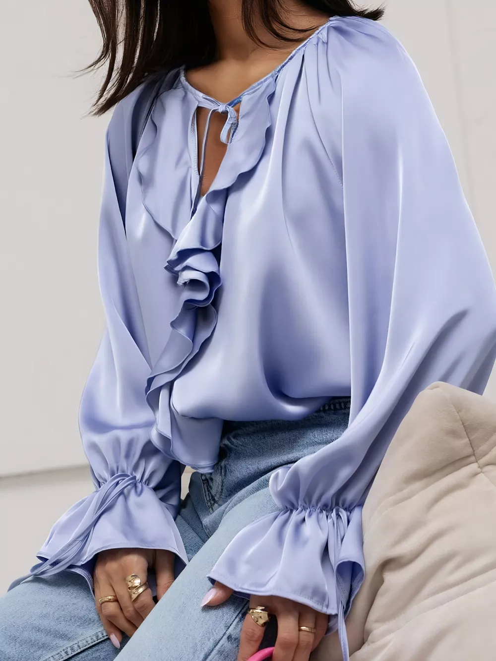 Ruffle Trim Satin Flounce Sleeve Blouse, image 7