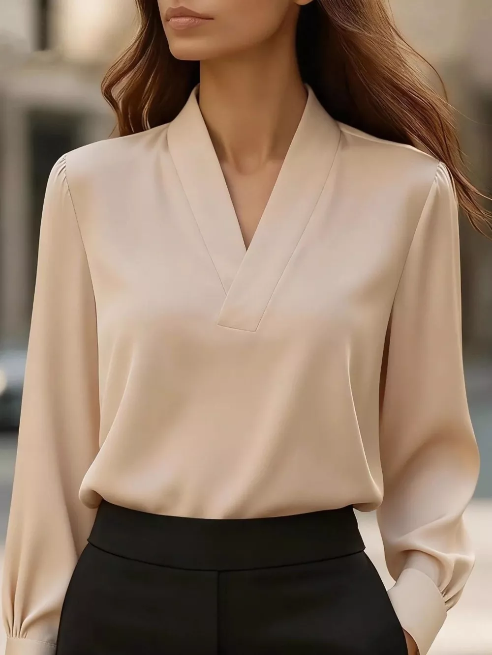 V-Neck Long Sleeve Satin Blouse, image 5