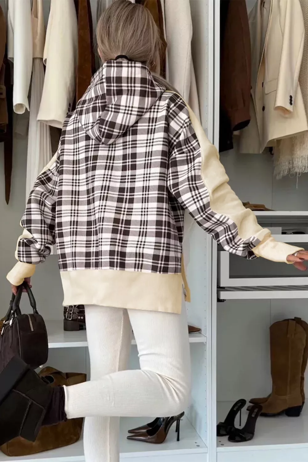 Plaid Side Slit Long Sleeve Hoodie, image 2
