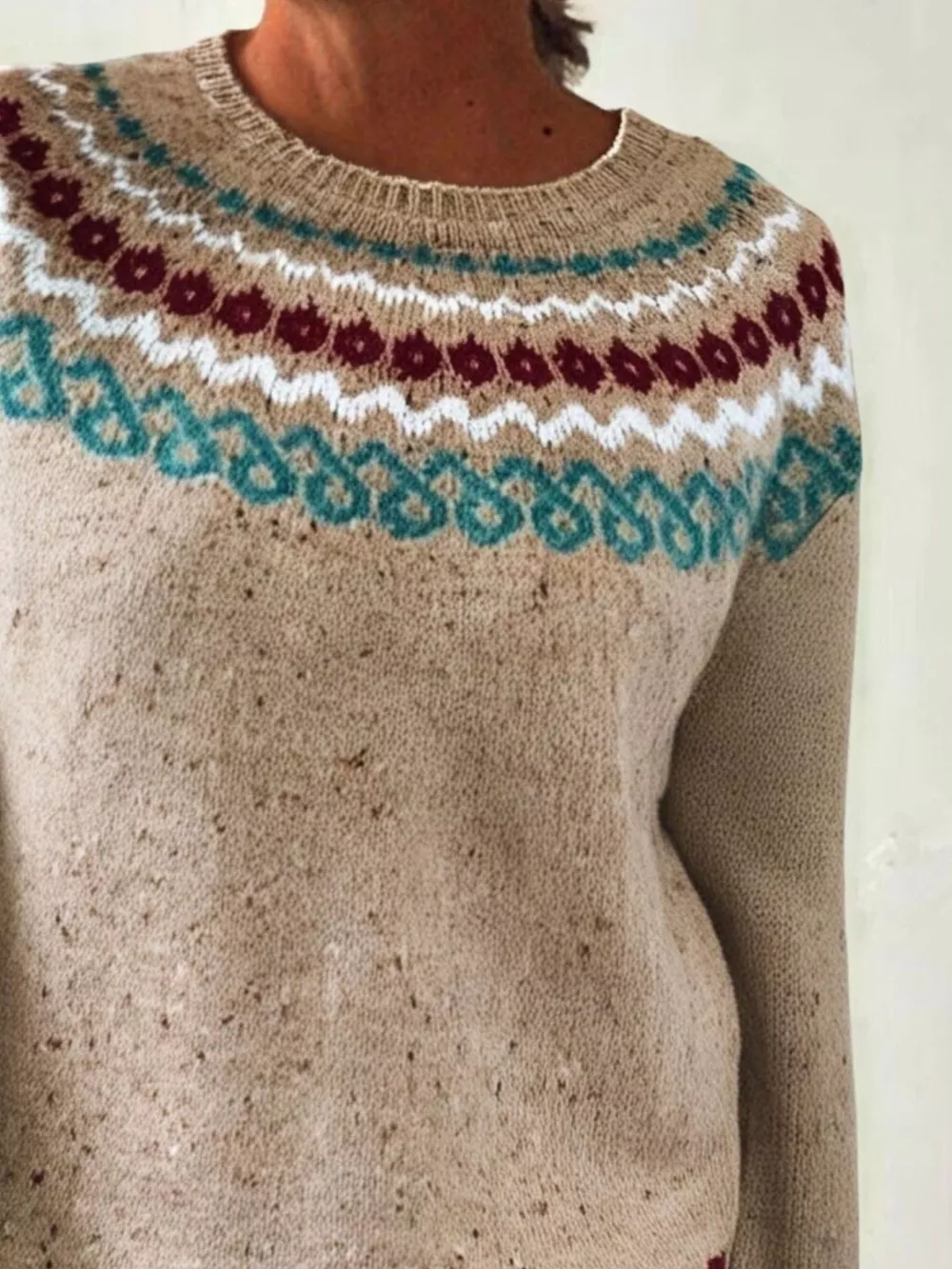 Full Size Vintage Patterned Round Neck Sweater Plus Size, image 5