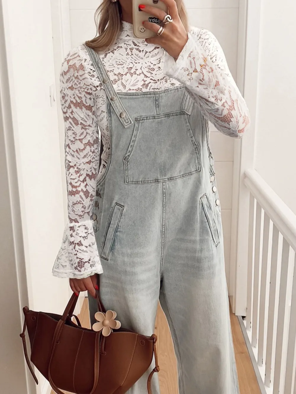 Lace Crochet Bell Sleeve Mock Neck Blouse, image 2