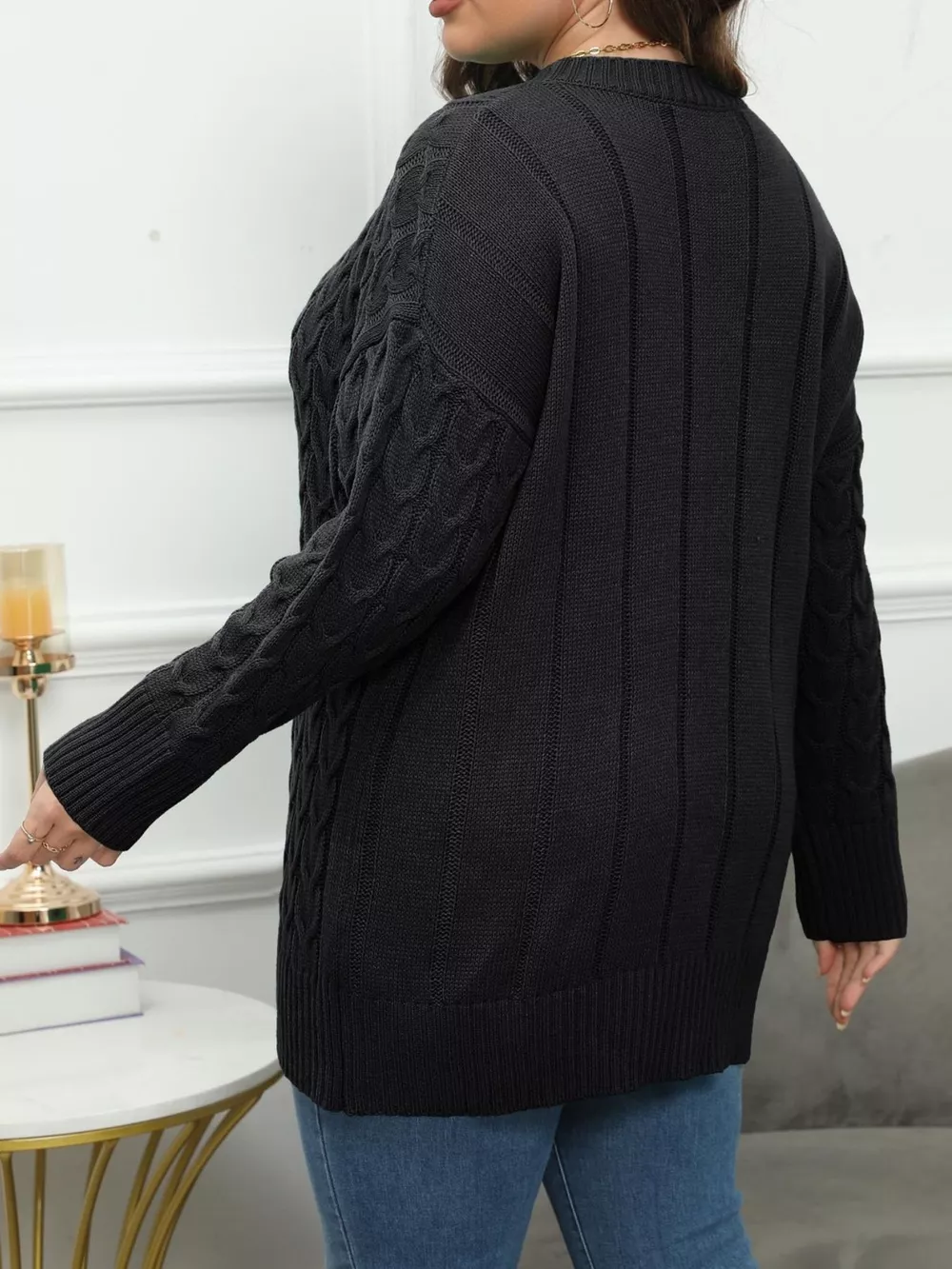 Plus Size Cable Knit Dropped Shoulder Sweater