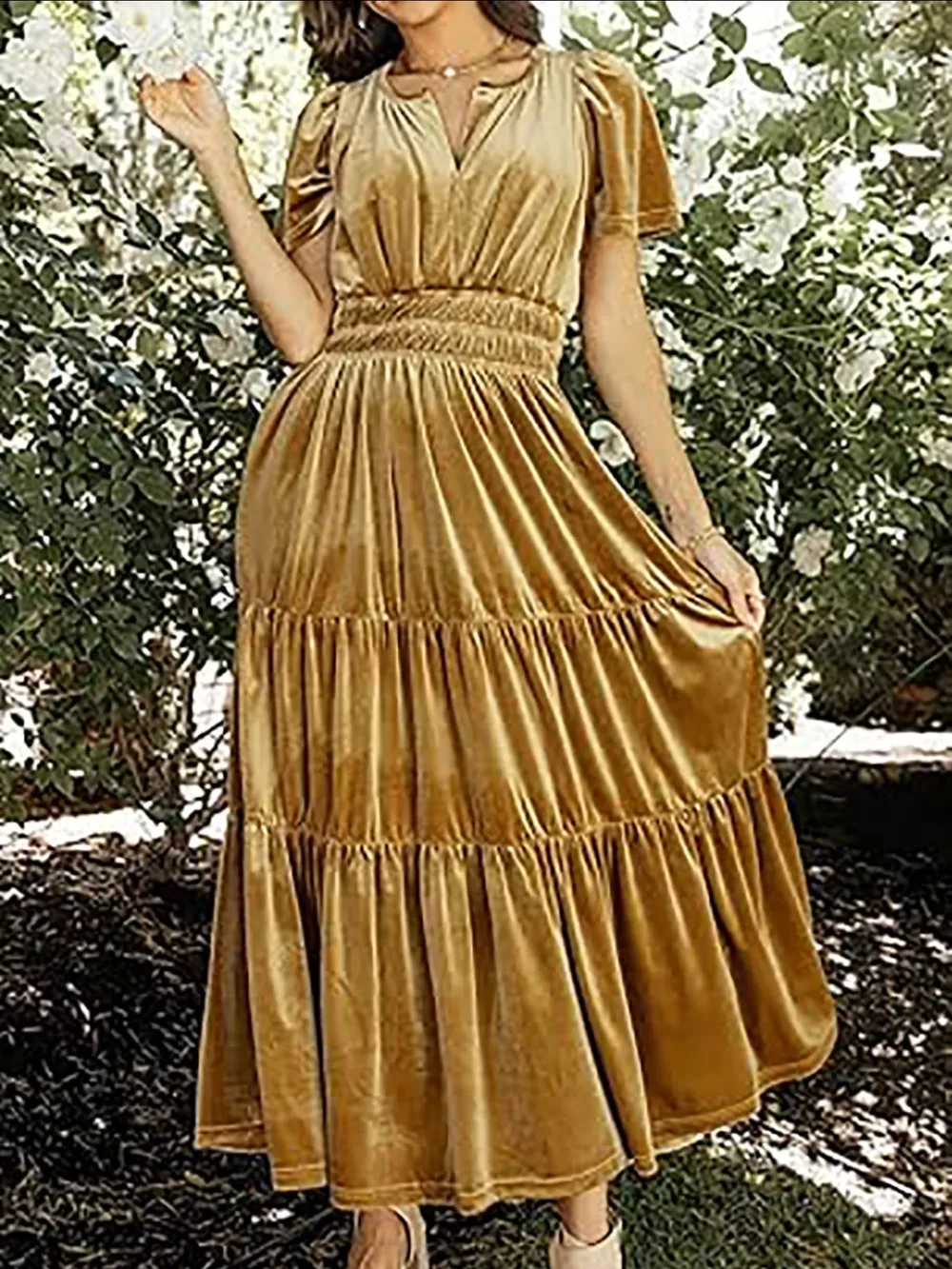 Velvet Tiered Short Sleeve Maxi Dress, image 14