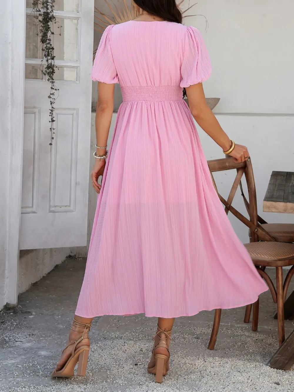 V-Neck Puff Short Sleeve Midi Dress, image 18