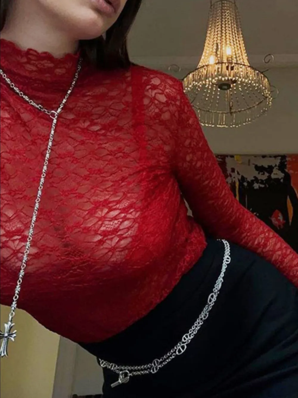 Mock Neck Lace Long Sleeve Mesh T-Shirt, image 6