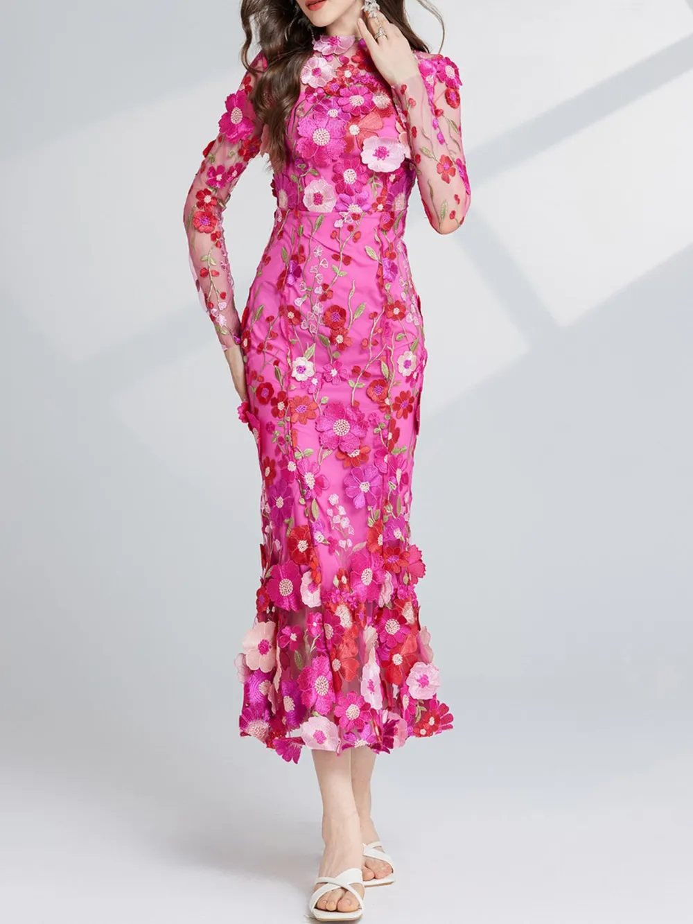 Floral Embroidered Mesh Long Sleeve Midi Dress, image 17