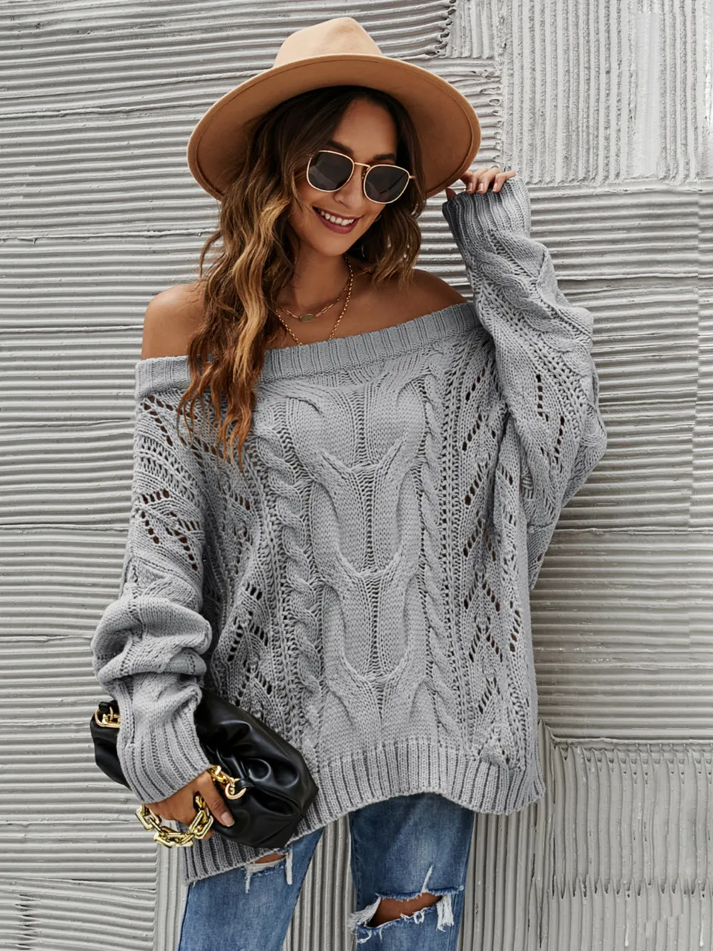 Cable Knit Openwork Off-Shoulder Sweater, image 11