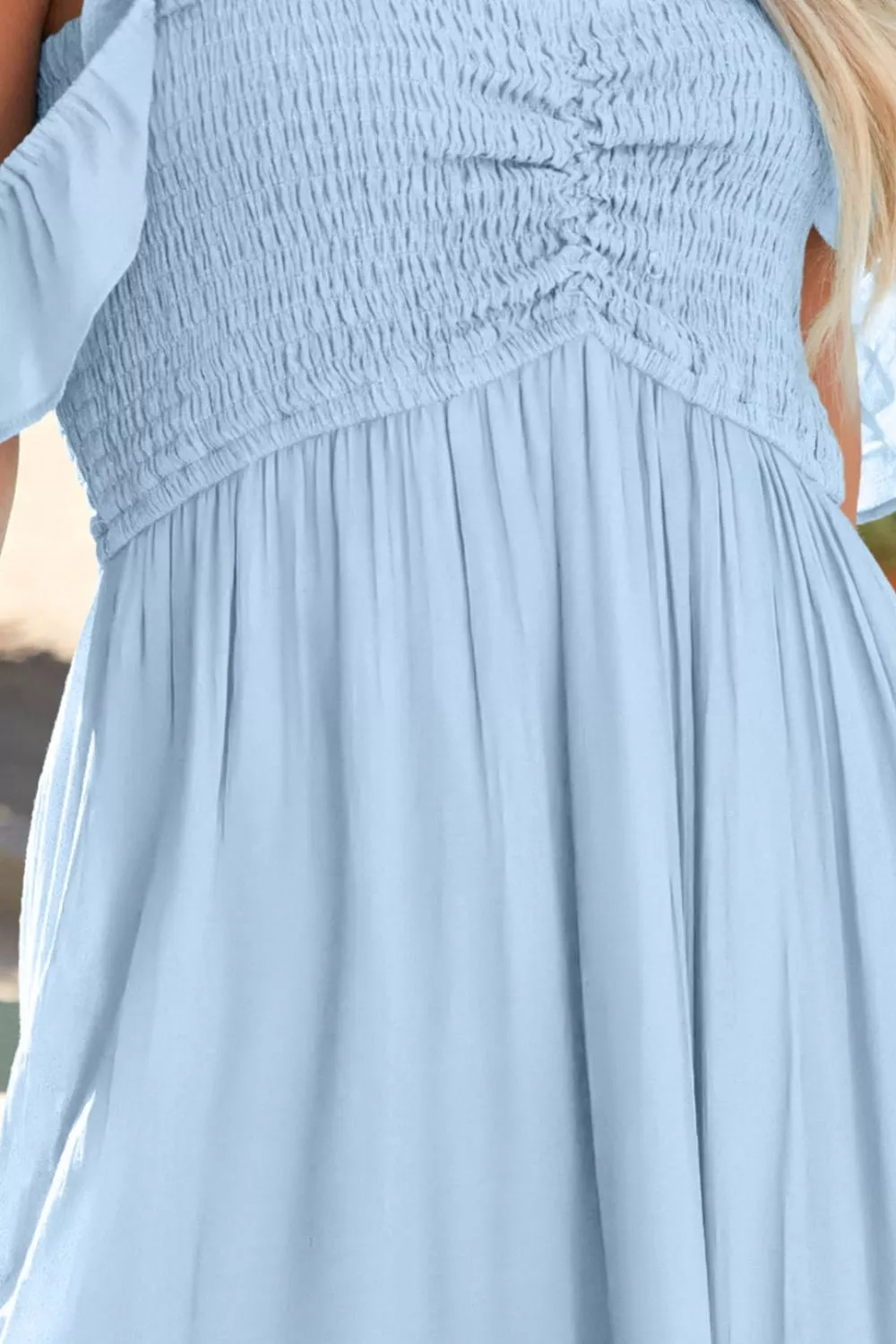 Off Shoulder Ruched Bust Sheer Slit Maxi Dress, image 5