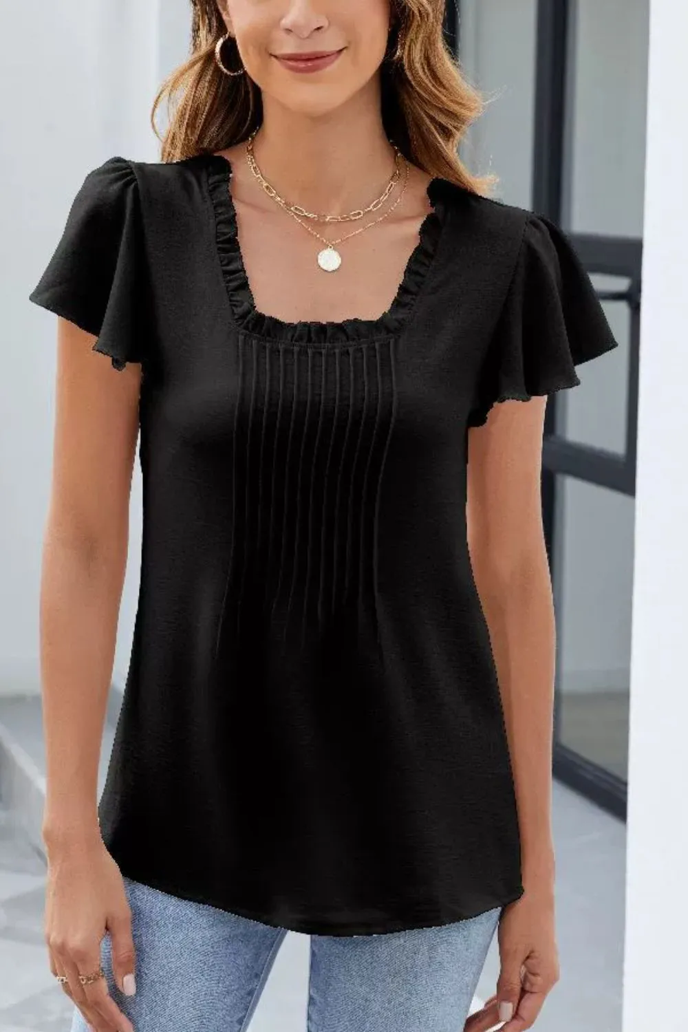 Frill Square Neck Flutter Sleeve Blouse, image 7
