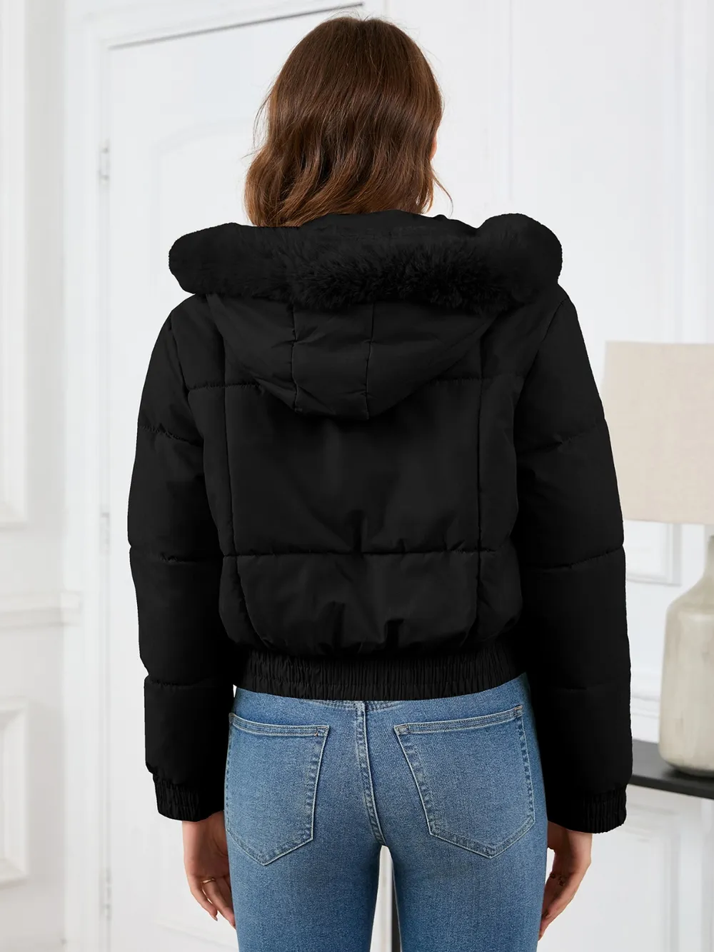 Pocketed Long Sleeve Cropped Hooded Winter Coat, image 15