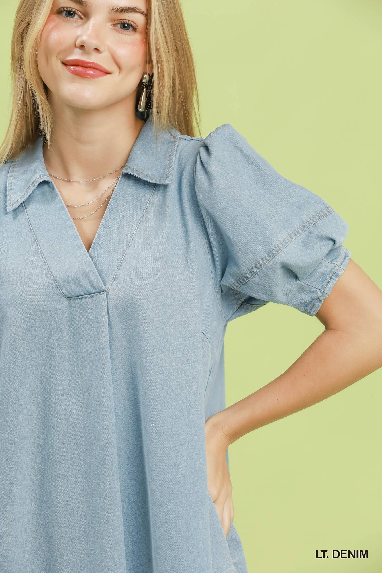 Chambray Collared Puff Sleeve Dress, image 6