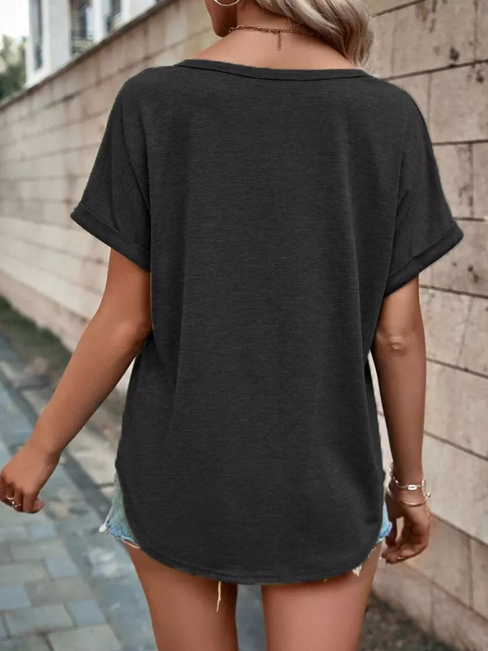 Full Size Decor Button Short Sleeve T-Shirt Plus Size, image 6