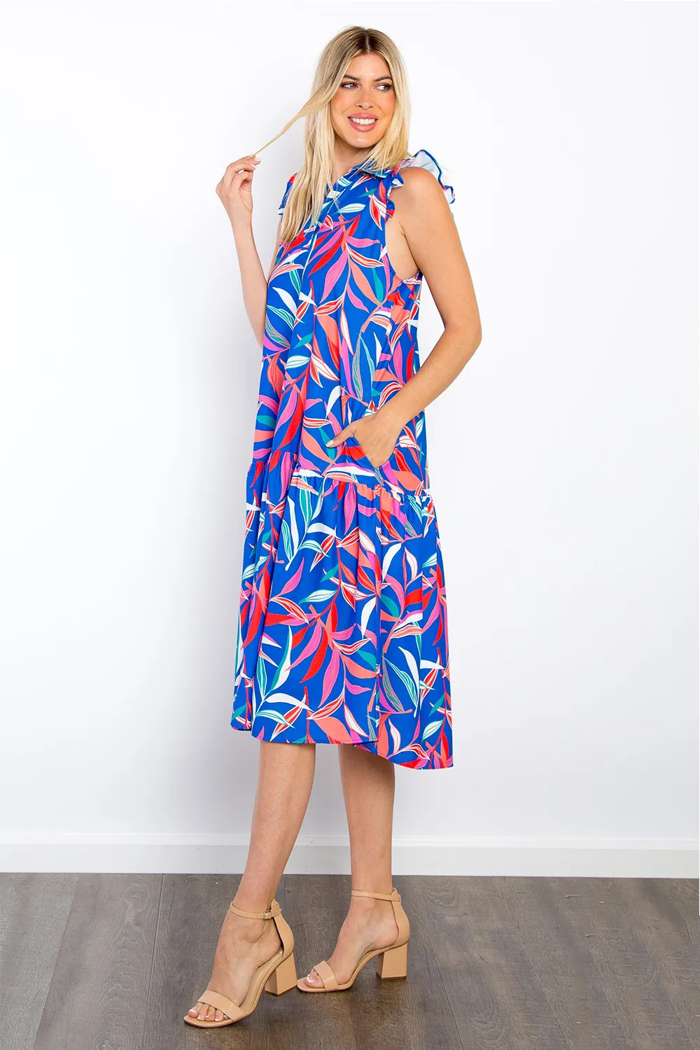 Print Ruffled Midi Dress with Pockets, image 2