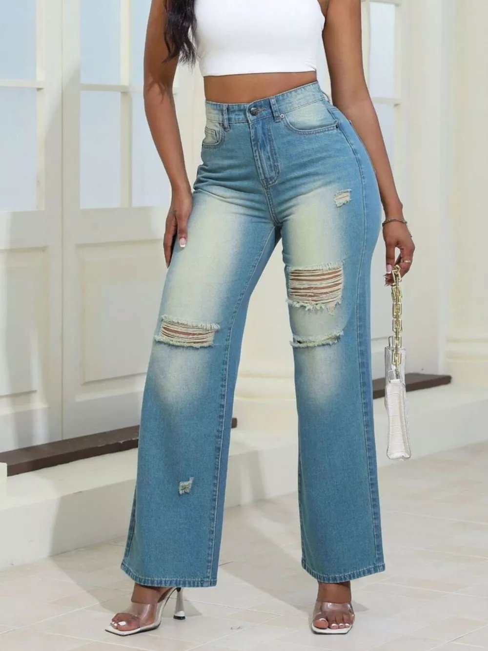 High-Waisted Distressed Wide-Leg Jeans, image 10