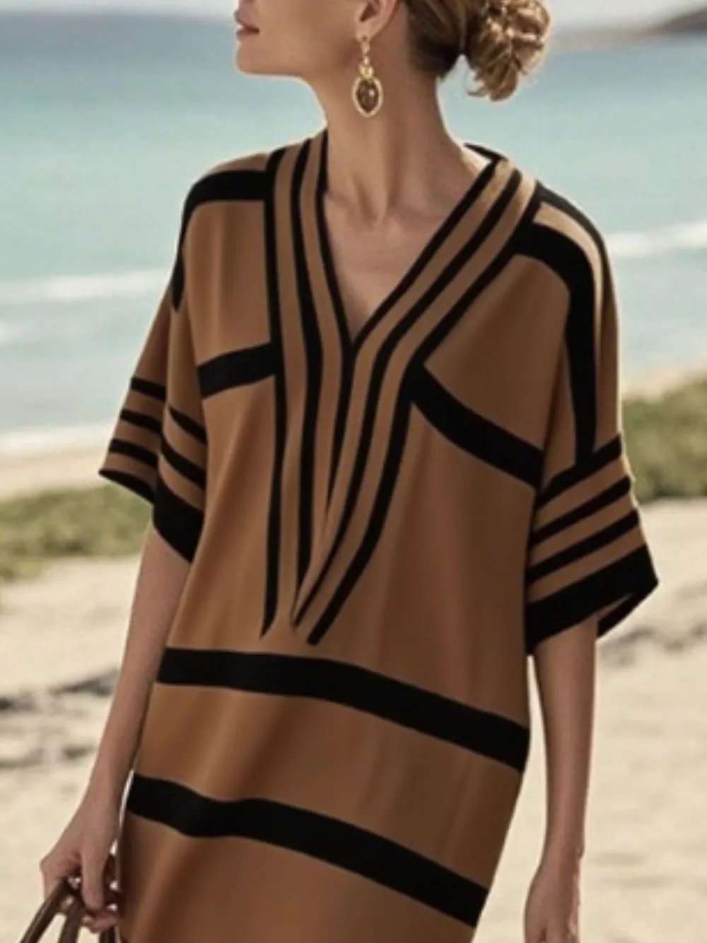 Full Size Striped Half Sleeve Midi Dress Plus Size, image 23